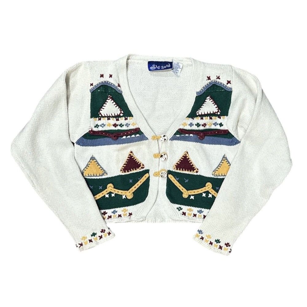 Vintage 90s Cardigan Cropped Embroidered Applique Cottage Boho Sweater Artsy XS